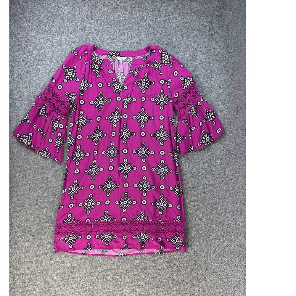 Crown & Ivy Dress Bell‎ Sleeve Crochet Magenta Navy Geometric Print Size Small